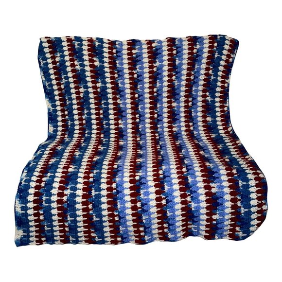 Handmade Hand Crafted Patriotic USA Striped Crocheted Blanket Throw 51x44 - Picture 6 of 10